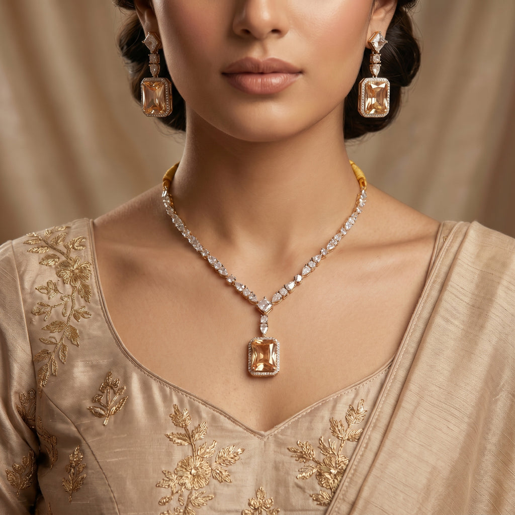 Champagne Morganite & Crystal Diamond Tennis Necklace Set — artificial necklace set by Jashan Jewels Pakistan