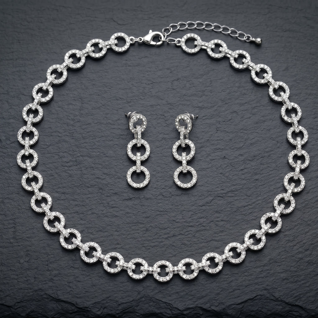 Silver Crystal Diamond Circle Link Chain Necklace Set close-up detail — artificial necklace set by Jashan Jewels