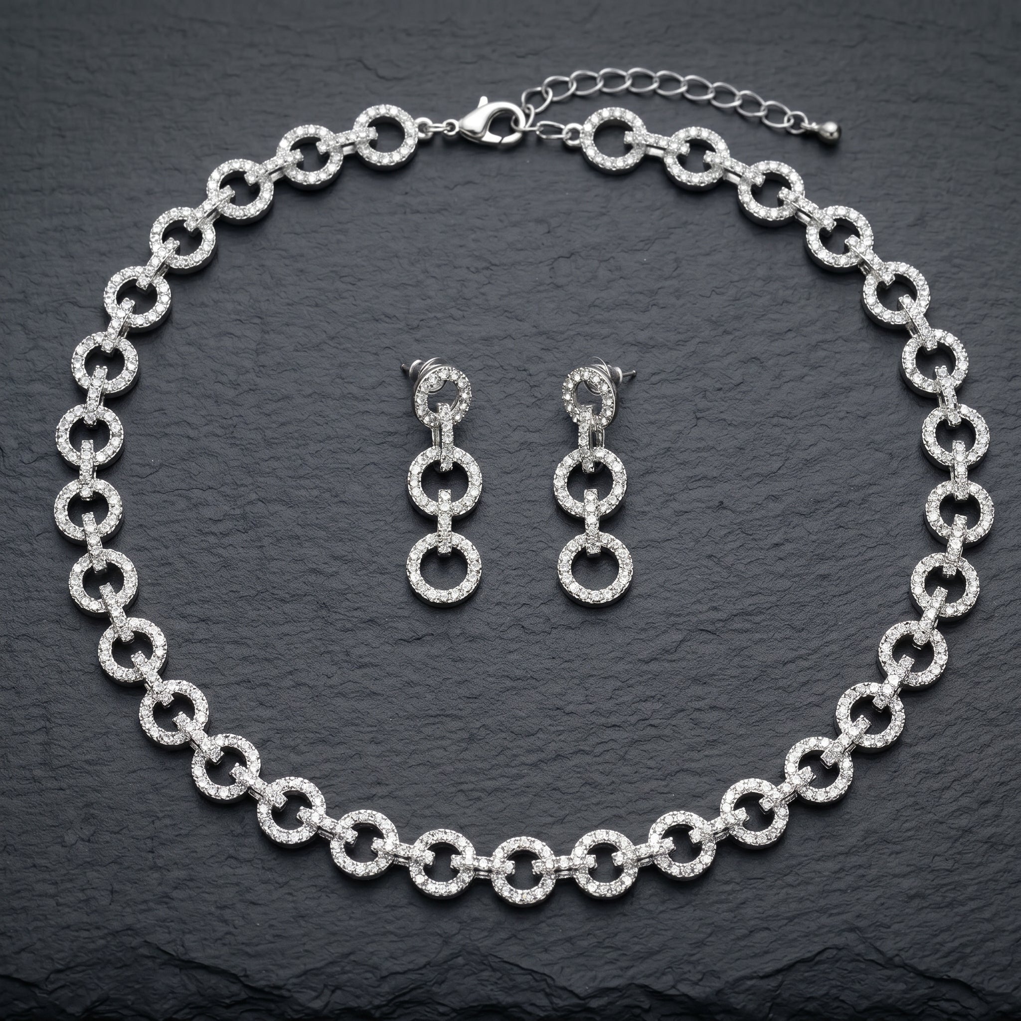 Silver Crystal Diamond Circle Link Chain Necklace Set