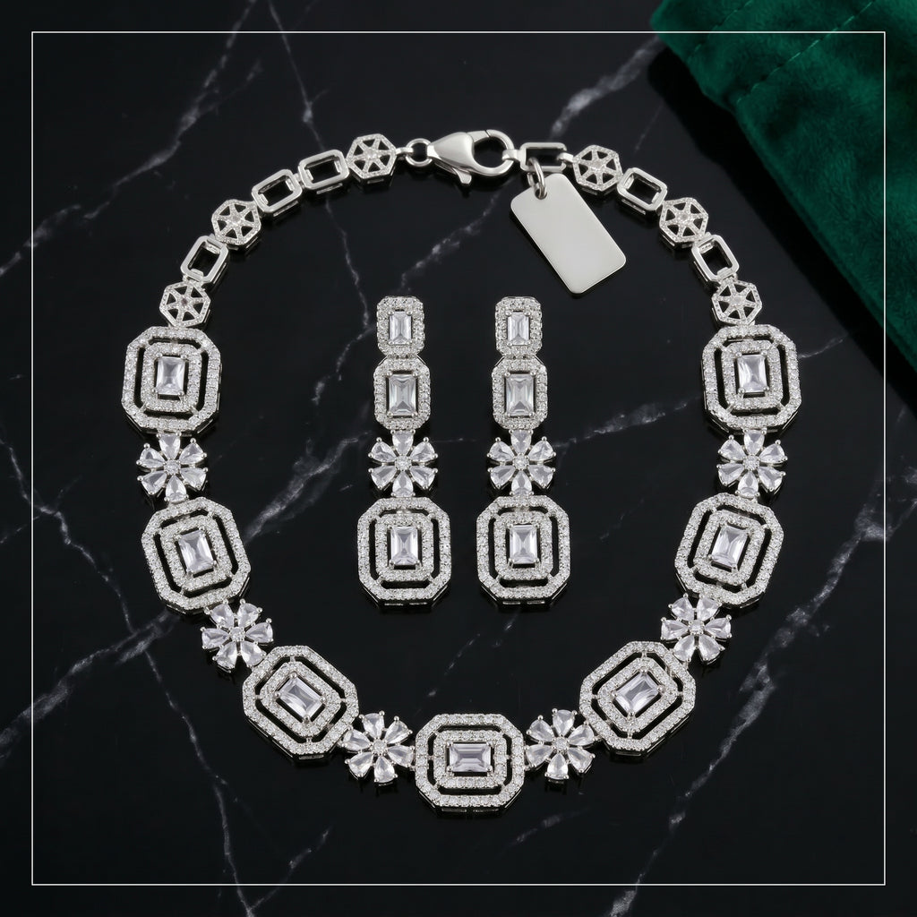 Silver Crystal Diamond Baguette Square Panel Choker Necklace Set close-up detail — artificial necklace set by Jashan Jewels