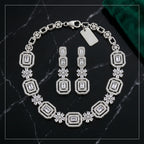 Silver Crystal Diamond Baguette Square Panel Choker Necklace Set close-up detail — artificial necklace set by Jashan Jewels