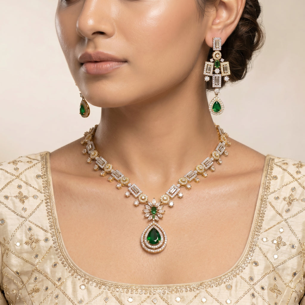 Emerald & Diamond Baguette Floral Necklace Set — artificial necklace set by Jashan Jewels Pakistan