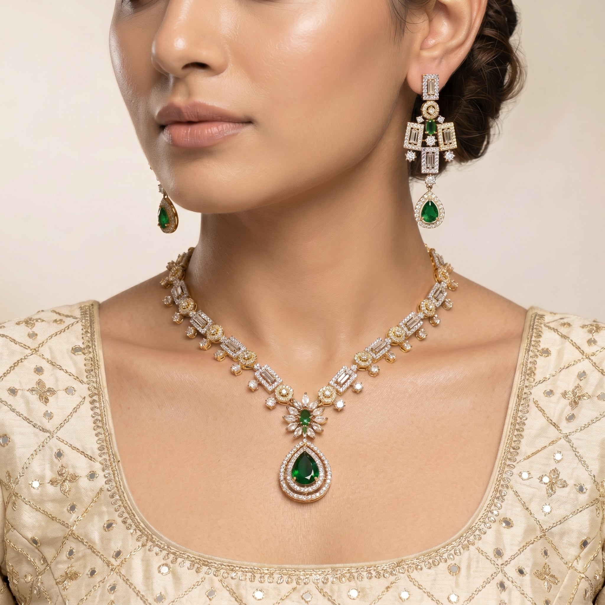 Emerald & Diamond Baguette Floral Necklace Set