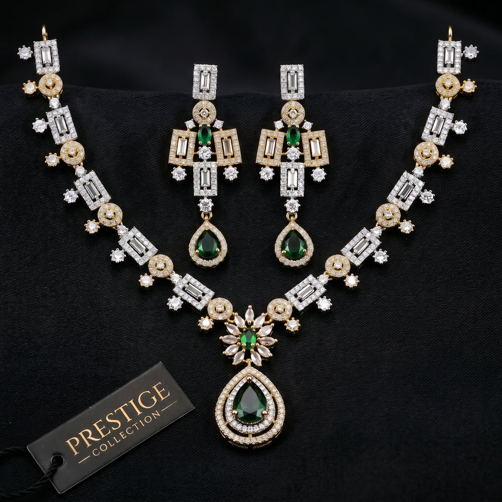 Emerald & Diamond Baguette Floral Necklace Set close-up detail — artificial necklace set by Jashan Jewels