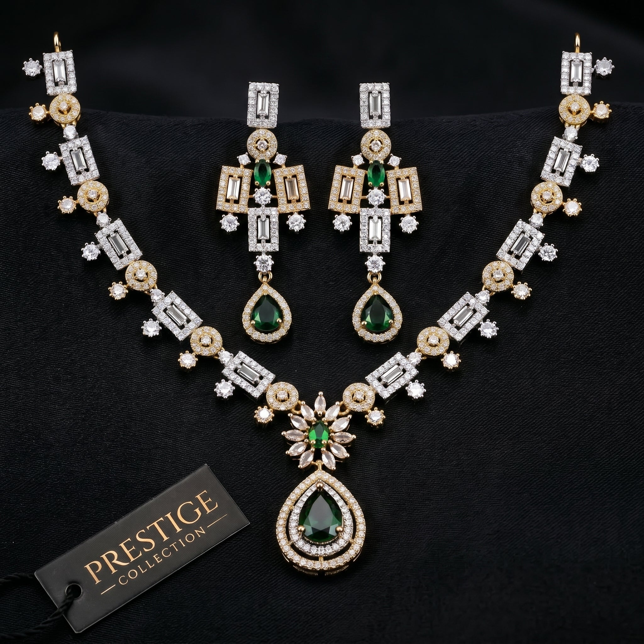 Emerald & Diamond Baguette Floral Necklace Set