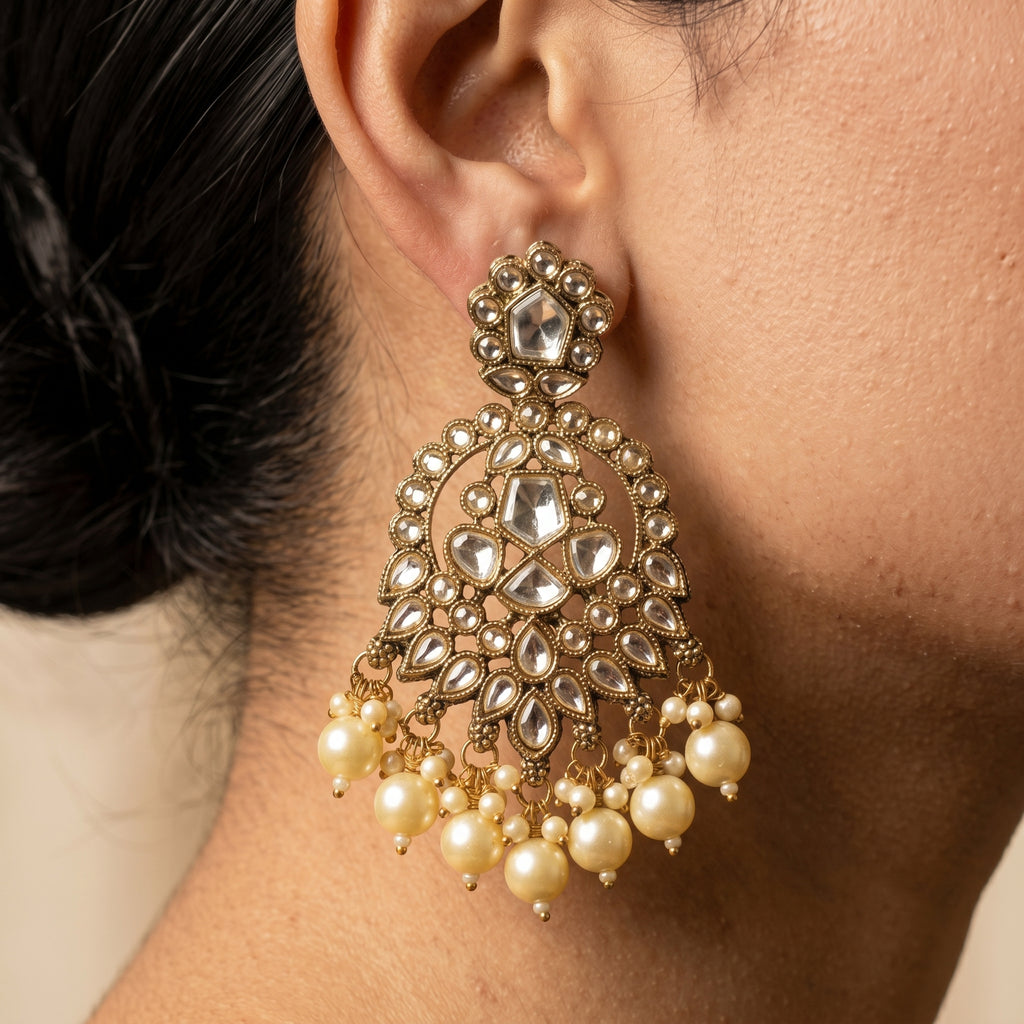 Antique Gold Kundan Chandbali Earrings — artificial earrings by Jashan Jewels Pakistan