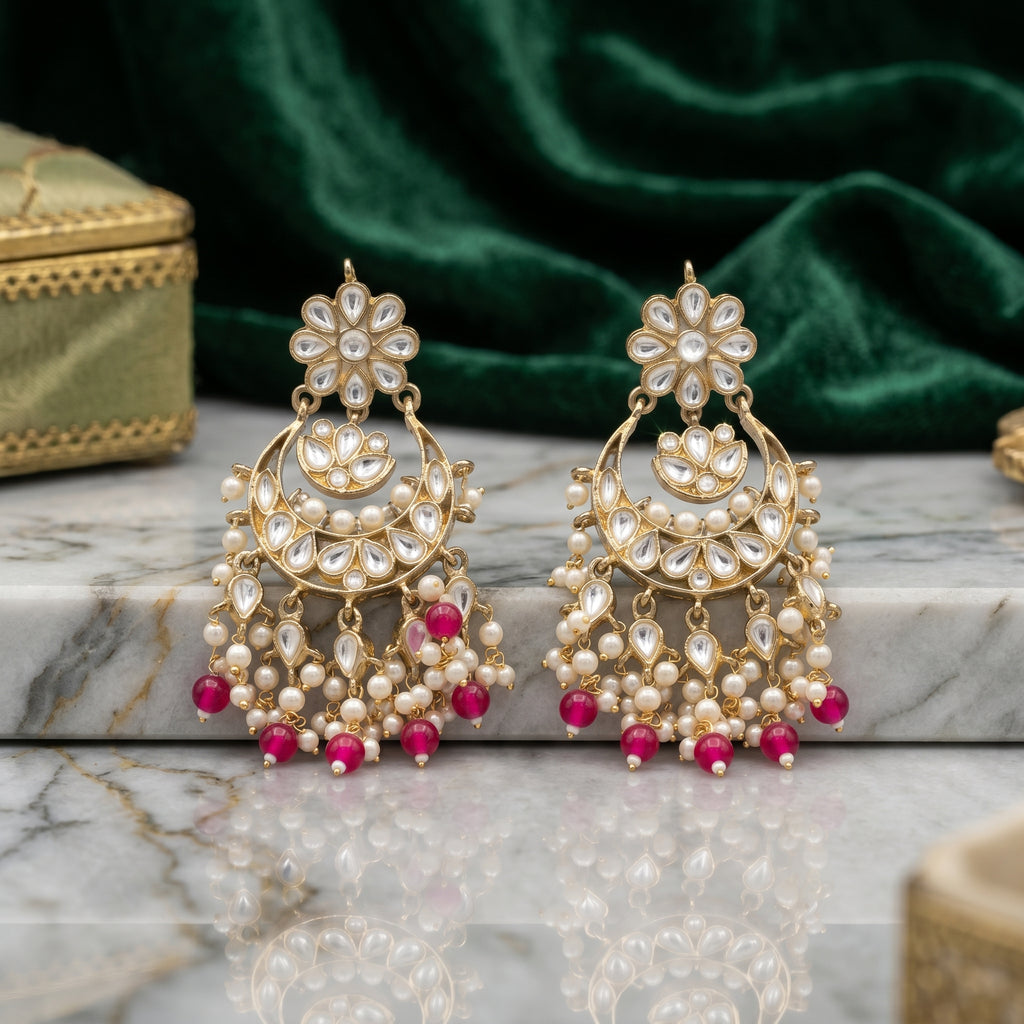 Kundan Chandbali Earrings with Ruby Red Drops close-up detail — artificial earrings by Jashan Jewels