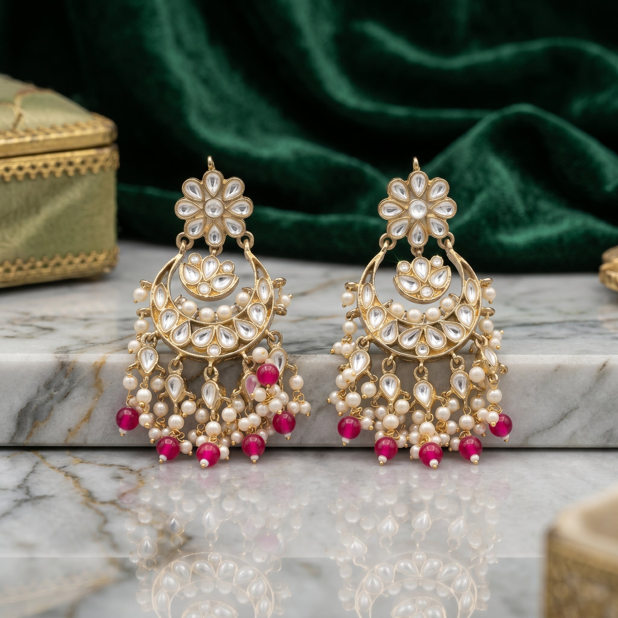Kundan Chandbali Earrings with Ruby Red Drops close-up detail — artificial earrings by Jashan Jewels