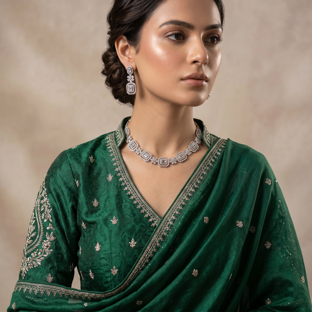 Silver Crystal Diamond Baguette Square Panel Choker Necklace Set — artificial necklace set by Jashan Jewels Pakistan