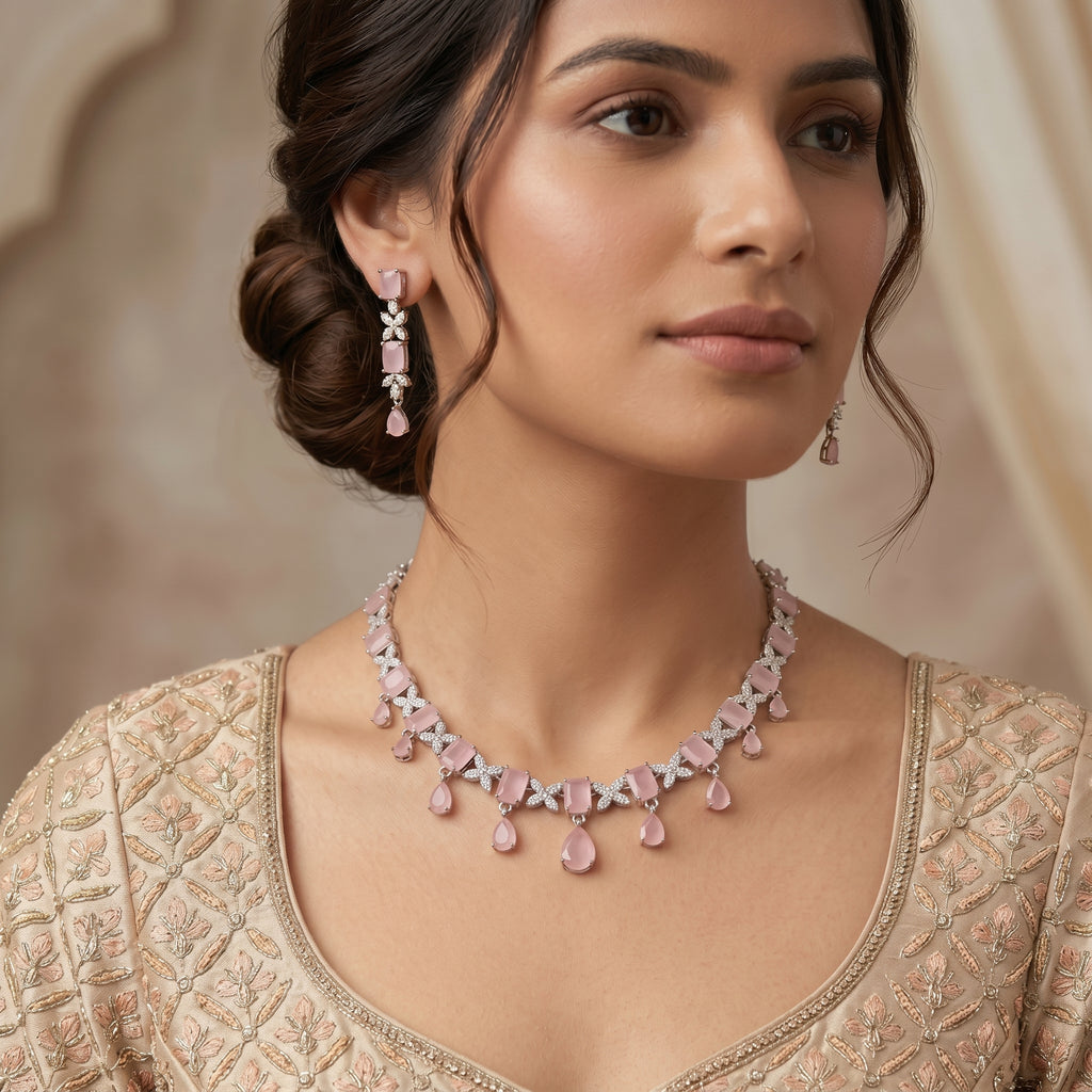 Rose Pink Opal & Crystal Diamond Butterfly Floral Necklace Set — artificial necklace set by Jashan Jewels Pakistan