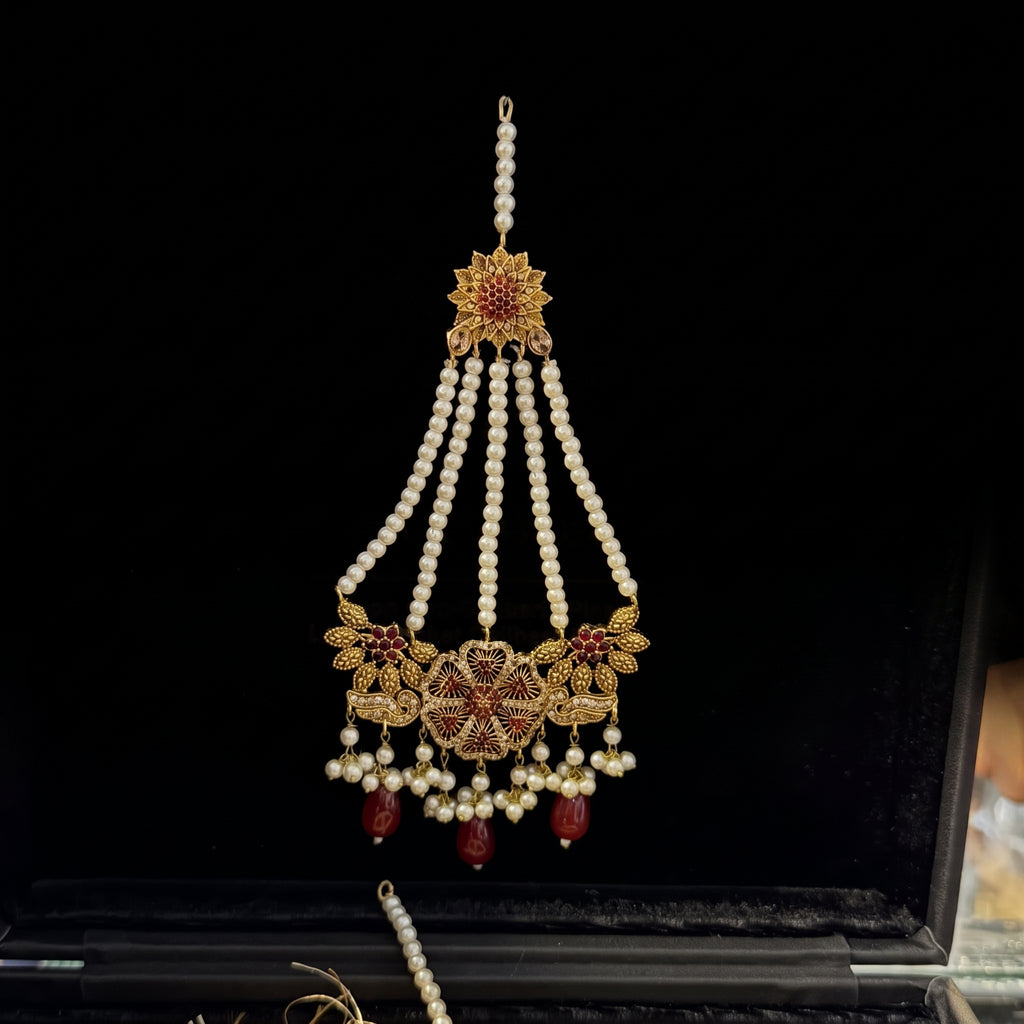 Ruby Rosette & Pearl Bridal Set with Jhoomar