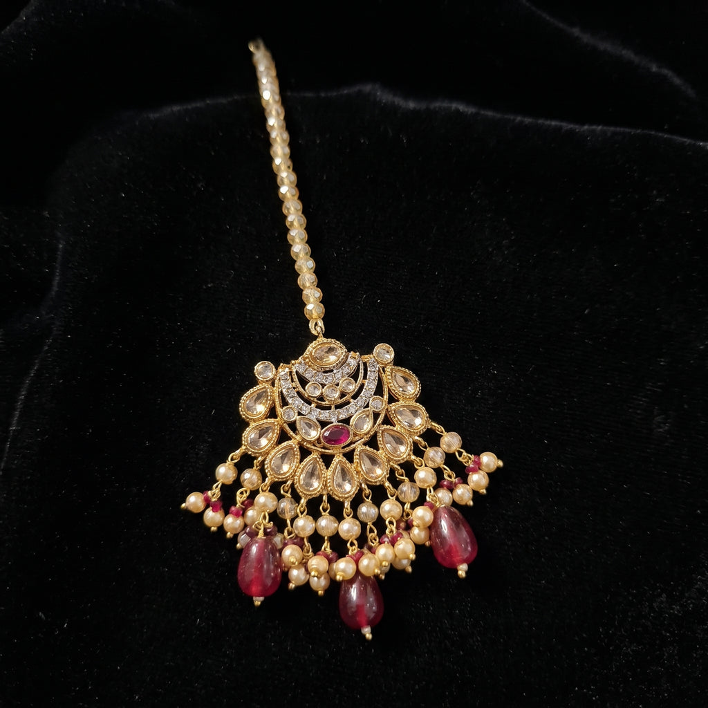 Gold Chaand Maroon Drop Bridal Set with Tikka