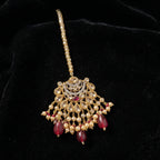 Gold Chaand Maroon Drop Bridal Set with Tikka