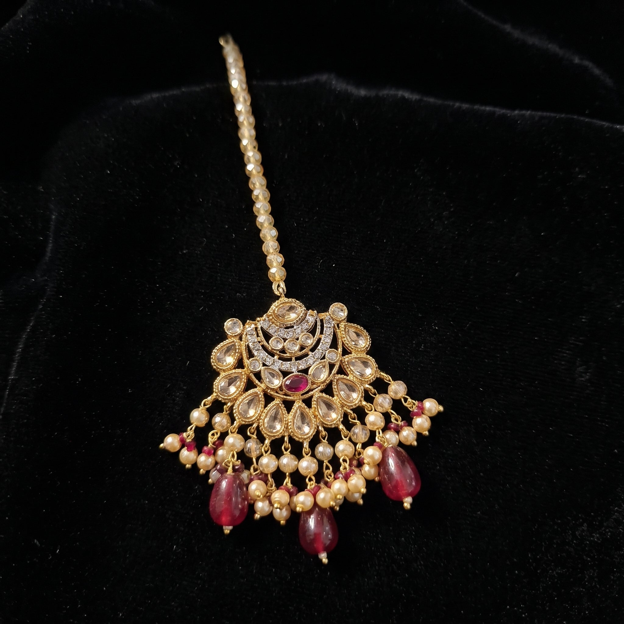 Gold Chaand Maroon Drop Bridal Set with Tikka