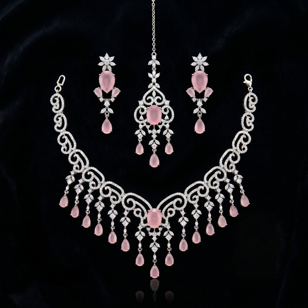 Silver CZ Rose Pink Scroll Necklace Set