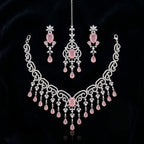 Silver CZ Rose Pink Scroll Necklace Set