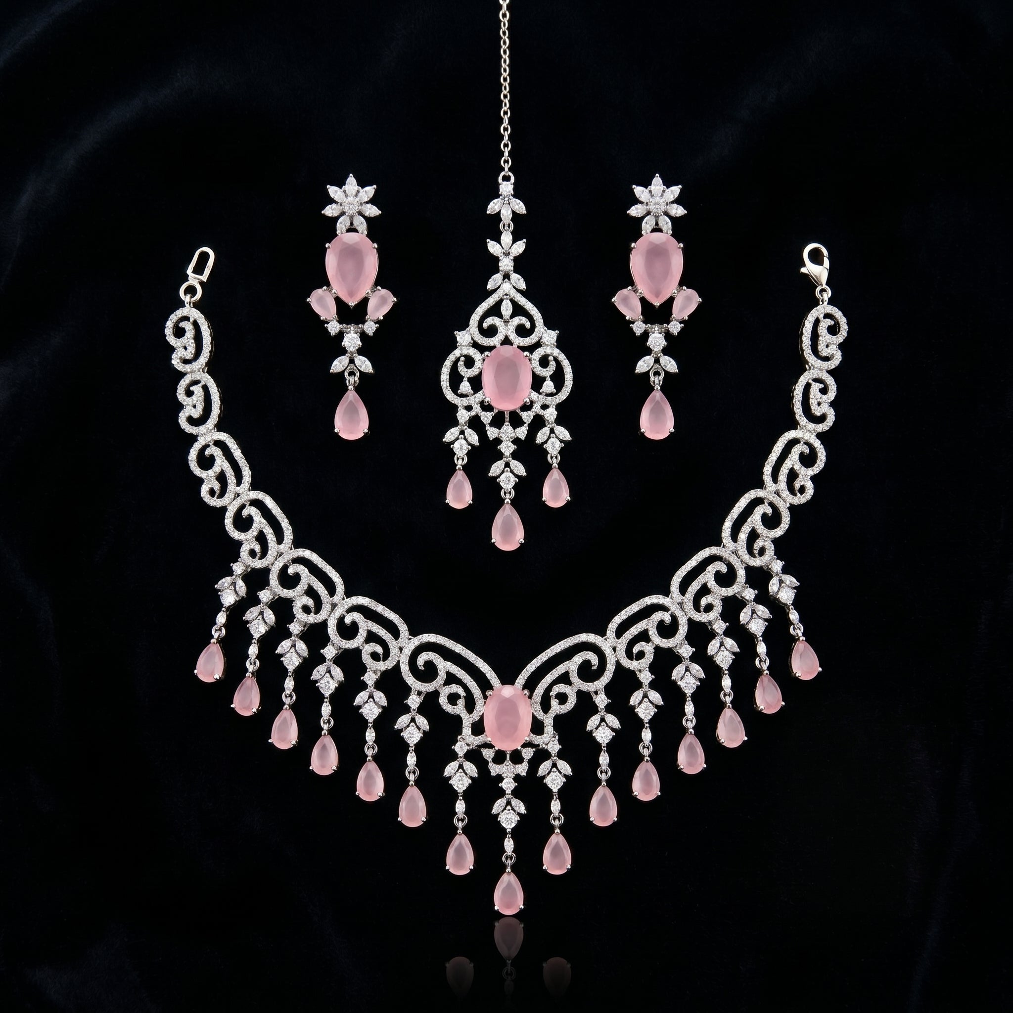 Silver CZ Rose Pink Scroll Necklace Set