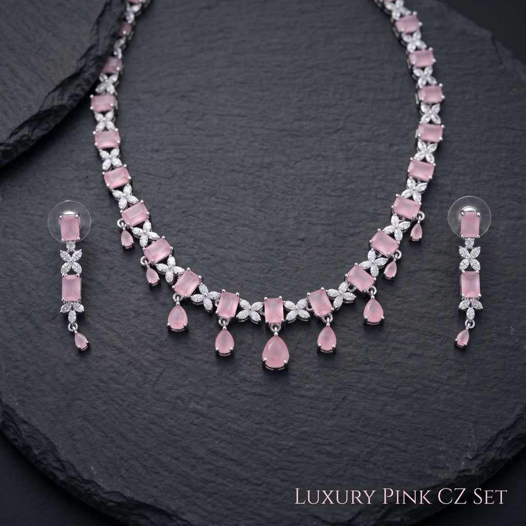 Rose Pink Opal & Crystal Diamond Butterfly Floral Necklace Set close-up detail — artificial necklace set by Jashan Jewels
