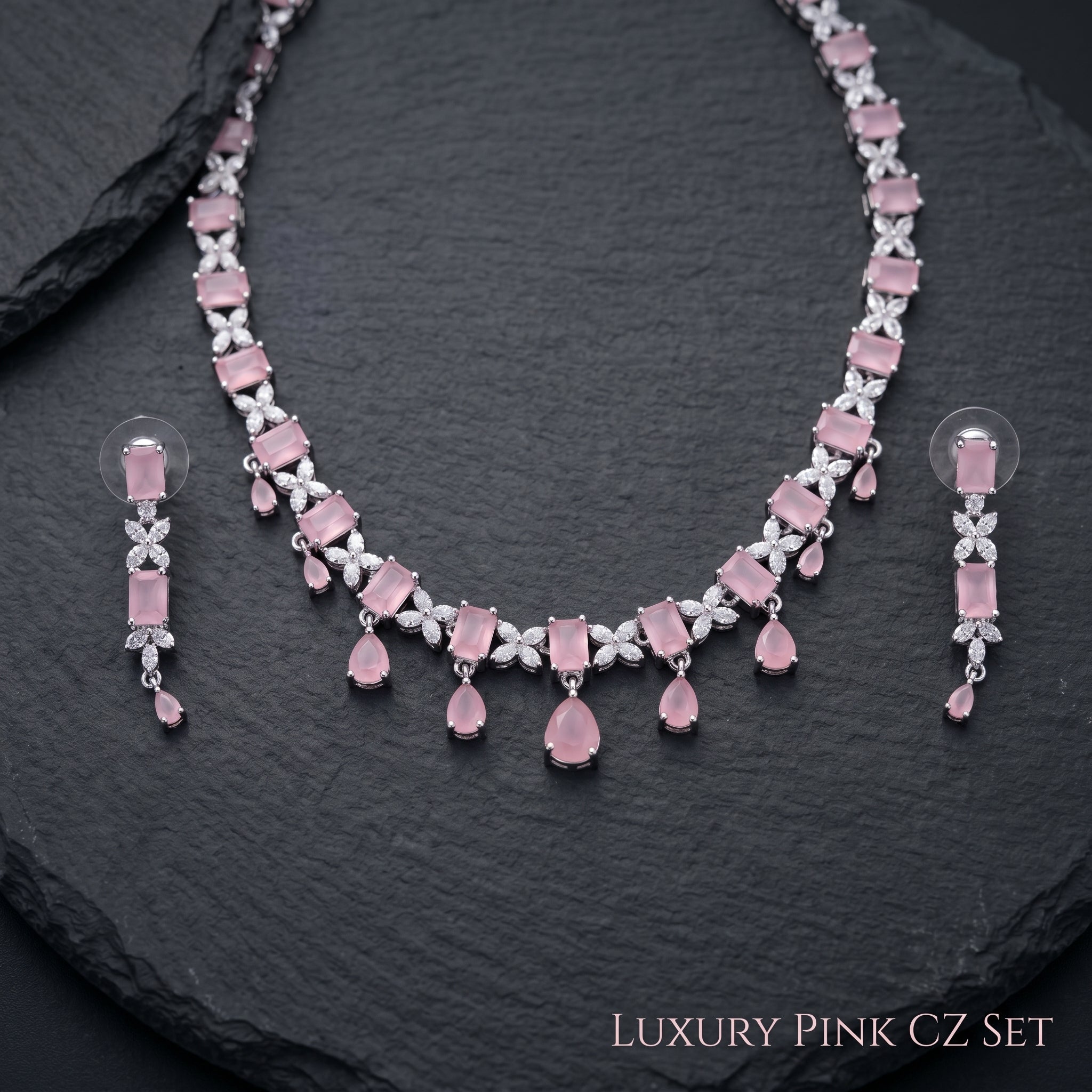 Rose Pink Opal & Crystal Diamond Butterfly Floral Necklace Set